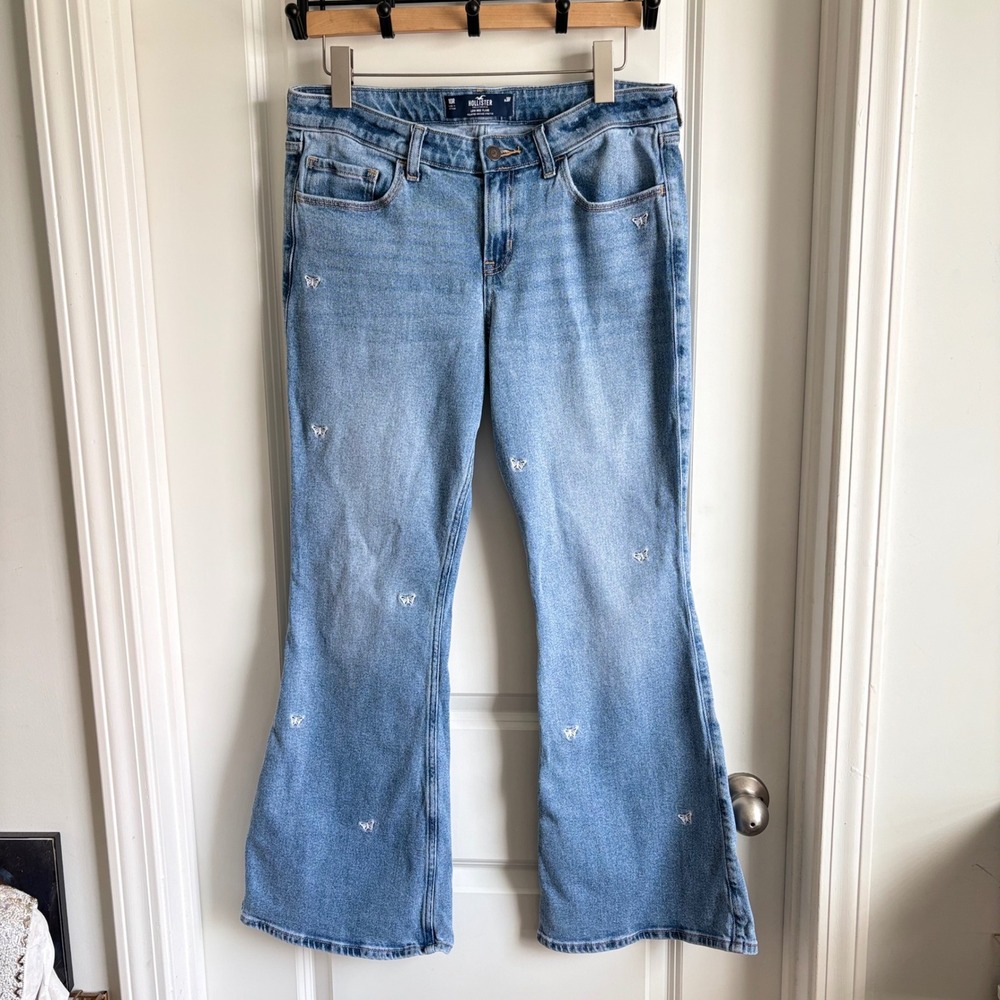 Hollister Low Rise Flare Stretch Jeans 10R W30 Butterfly Embroidered Light Wash